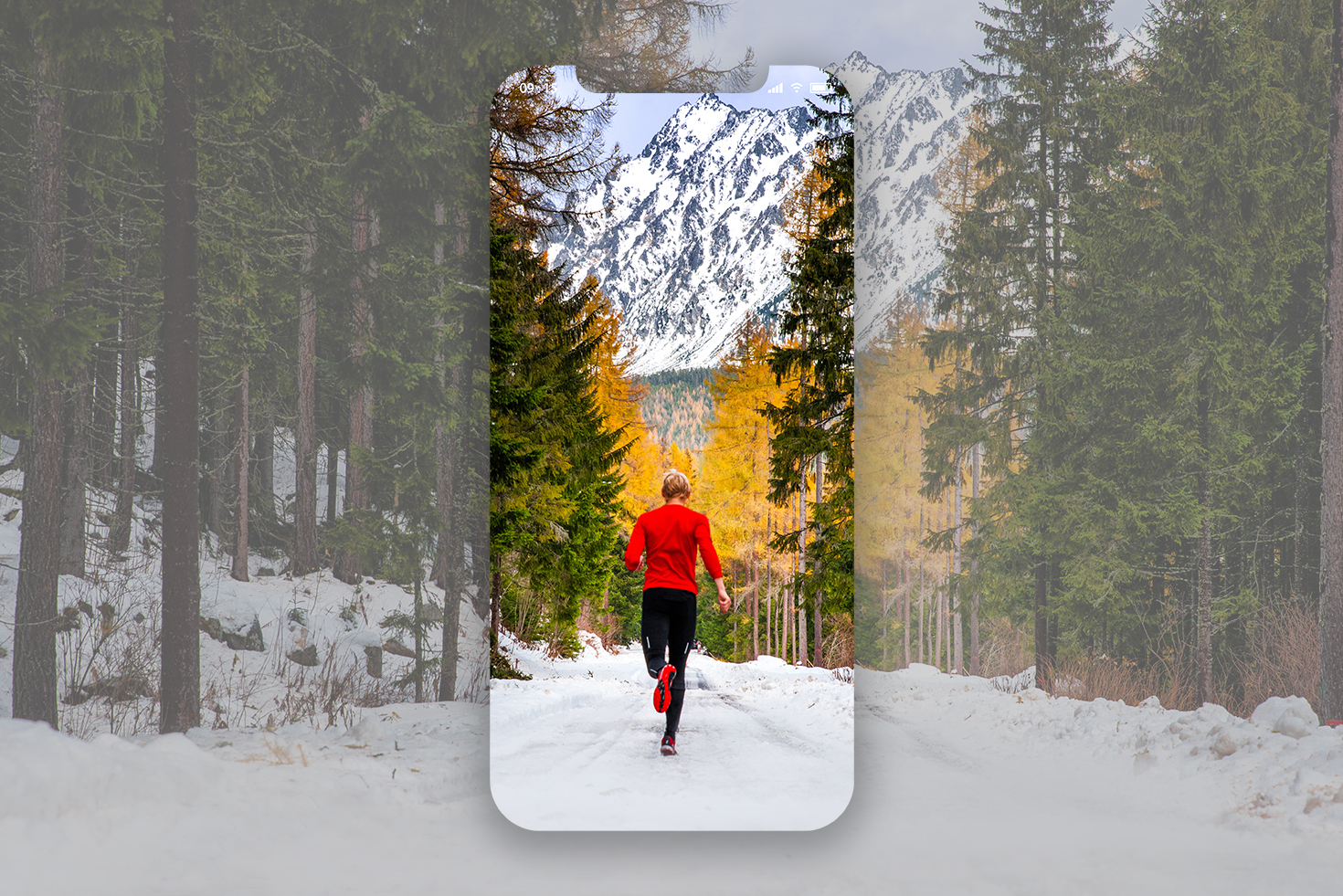 Athlete in red run under winter mountians